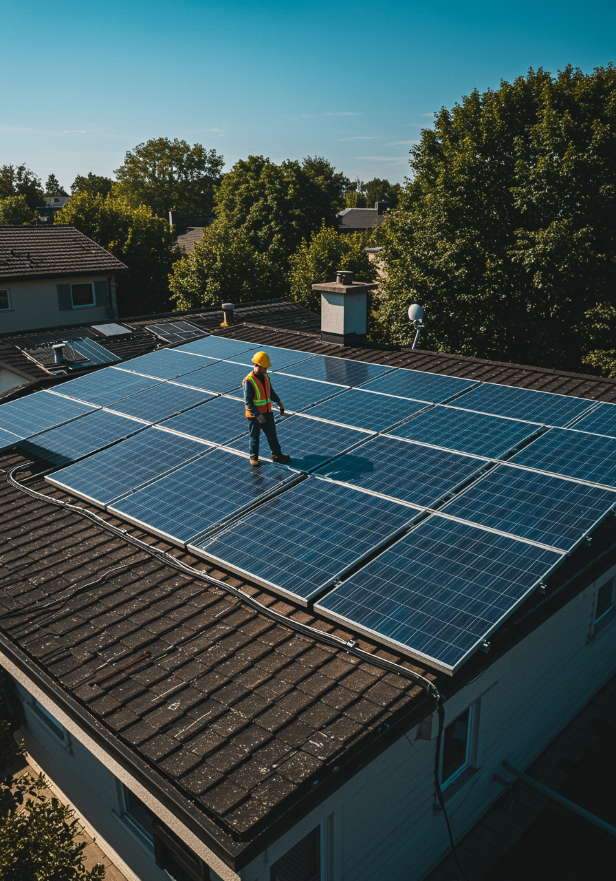 "Vista aérea de un techo de casa suburbana con paneles solares, ingeniero inspeccionando el cableado bajo un cielo despejado y rodeado de árboles verdes."
