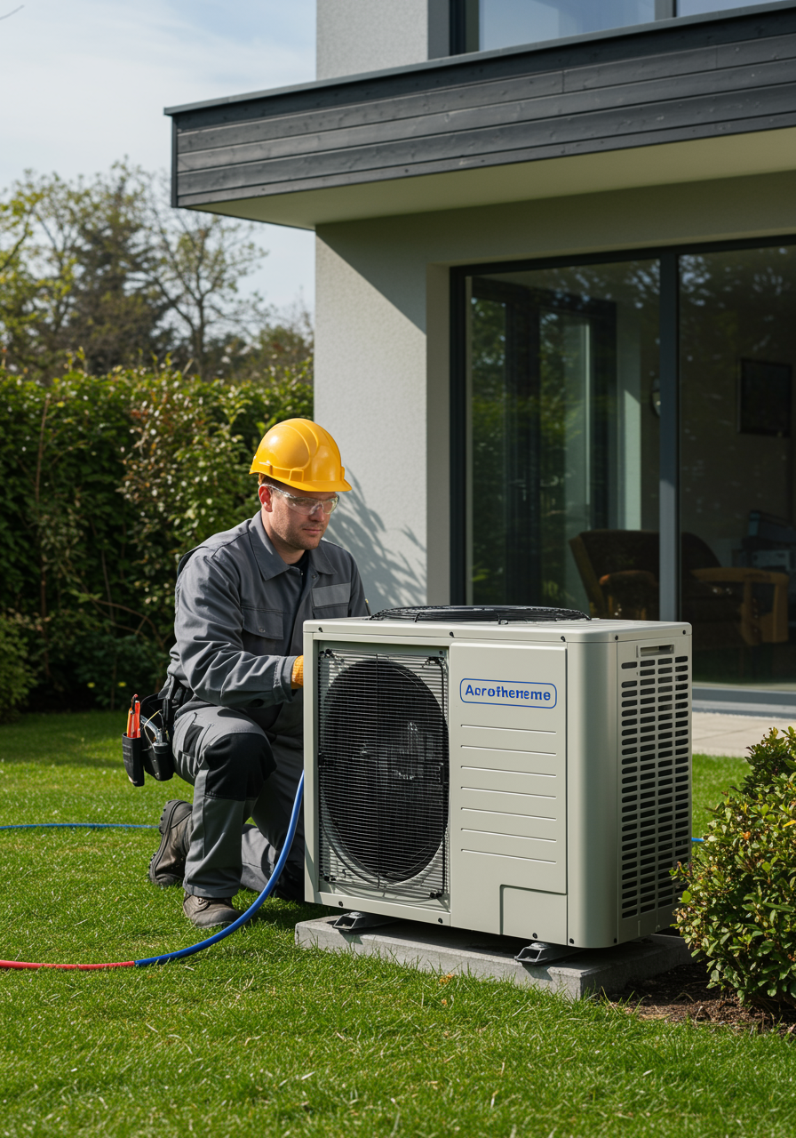 "Técnico masculino instalando una bomba de calor aerotérmica junto a una casa moderna en un entorno exterior, vestido con uniforme y casco, rodeado de césped verde y arbustos, con equipo profesional visible en un día soleado."