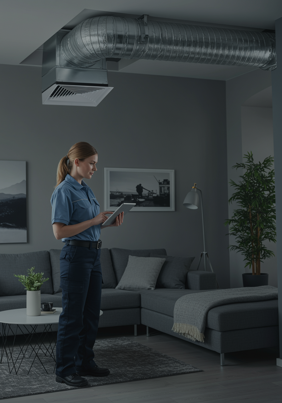 "Técnica de HVAC monitoreando el control climático en una sala de estar moderna con aire acondicionado oculto y mobiliario contemporáneo."