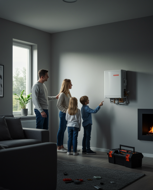 "Instalación de sistema de calefacción aerotérmica en un acogedor salón familiar con bomba de calor moderna y decoración contemporánea."