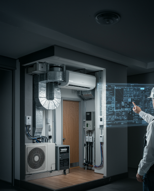 "Ilustración detallada de una solución HVAC integrada en una casa moderna, mostrando ductos, unidades de aire acondicionado y termostatos, con un ingeniero señalando un plano digital."