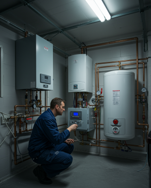 "Técnico masculino inspeccionando una caldera de alta eficiencia y tanque de agua caliente en una moderna sala de calderas, con tuberías organizadas y buena iluminación."
