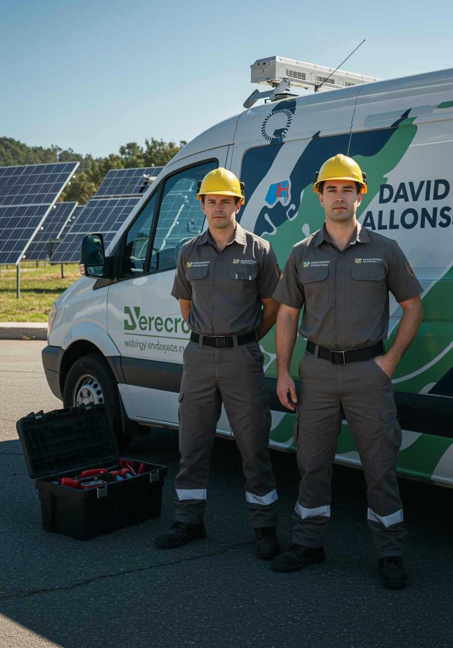 "Retrato profesional de dos técnicos de energía en uniforme frente a una furgoneta de la empresa 'David Salado Alonso', con caja de herramientas y paneles solares en un entorno iluminado."