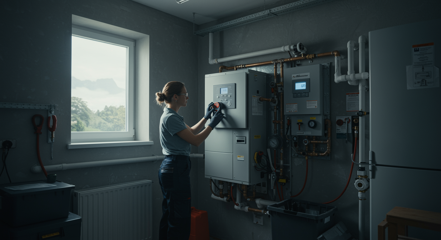 "Imagen de una técnica en una moderna sala de utilidades ajustando un panel de control de bomba de calor aerotérmica, con herramientas organizadas y tuberías, resaltando la instalación profesional de sistemas energéticos."